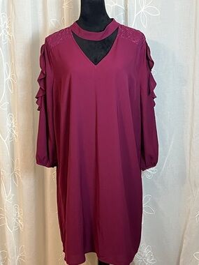 Skies Are Blue Burgundy Midi Dress with Choker Neck